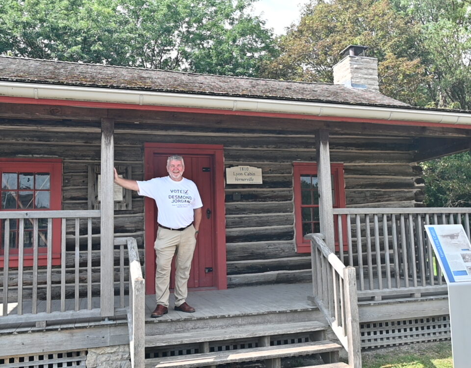 Desmond Jordan campaigning at the historic Lyon Cabin in Oakville Ward 2
