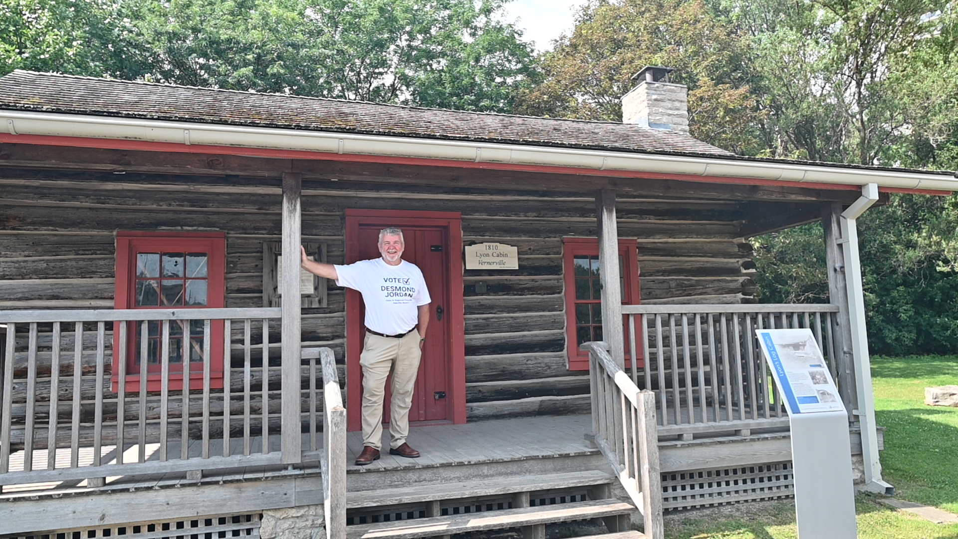 Desmond Jordan campaigning at the historic Lyon Cabin in Oakville Ward 2